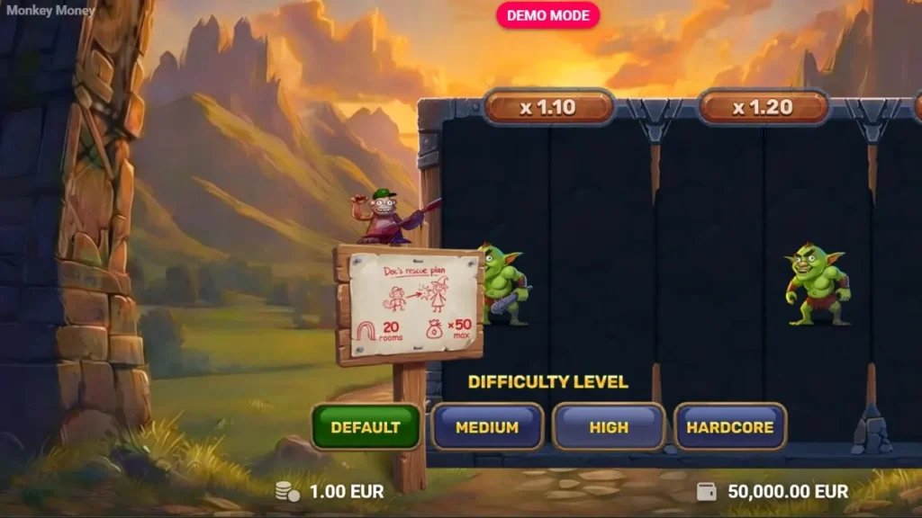 Monkey Money slot gameplay dengan latar belakang ruang bawah tanah dan monyet petualang.