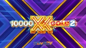 Tampilan visual slot 10,000 X Gold 2 dengan simbol emas dan latar belakang biru mewah